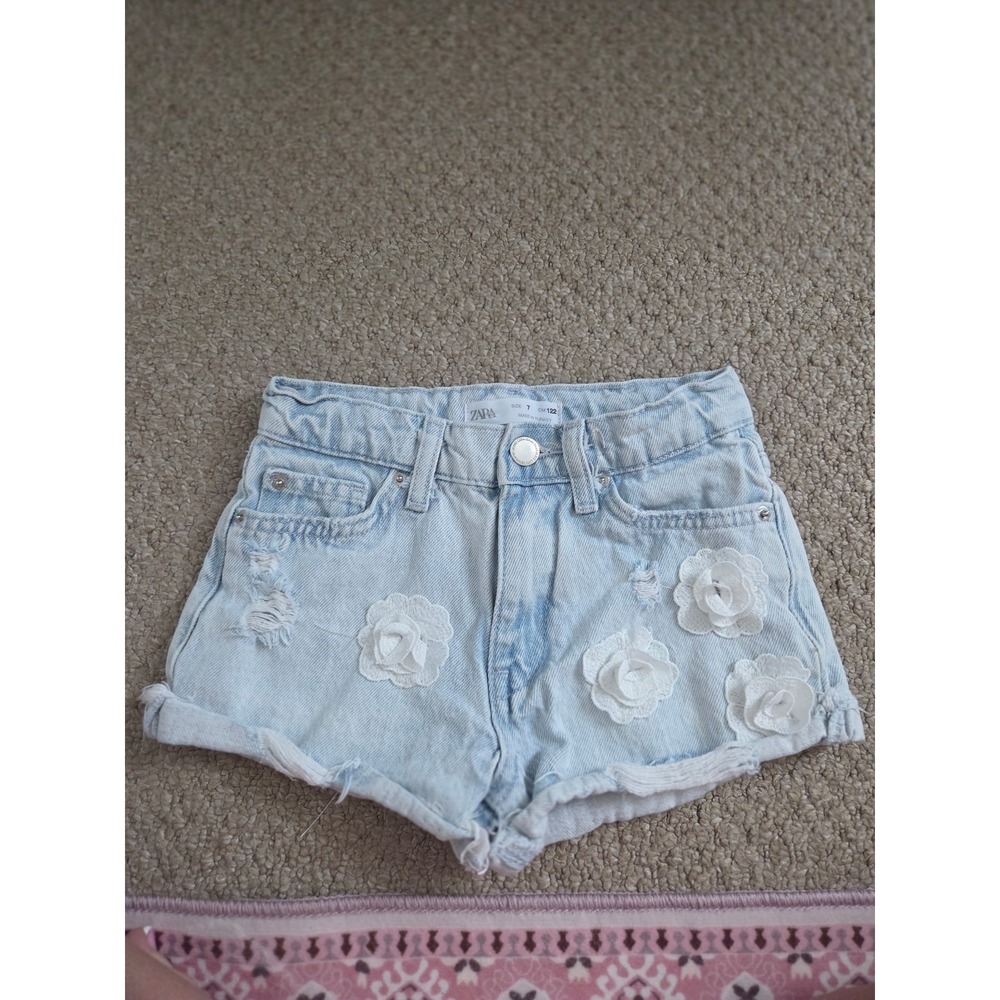 Zara Kids Girls Denim Shorts with Flower Appliques Size 7